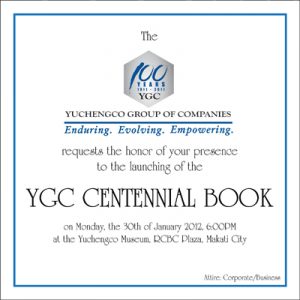 2012 YGC Centennial Book Launch Invitation